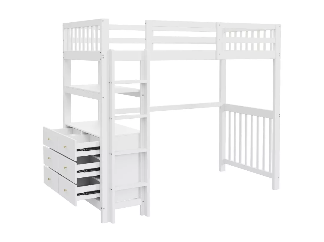 Lit mezzanine 90 x 200 cm avec avec bureau, étagère & 6 tiroirs - bois de pin et MDF - blanc (sans matelas)