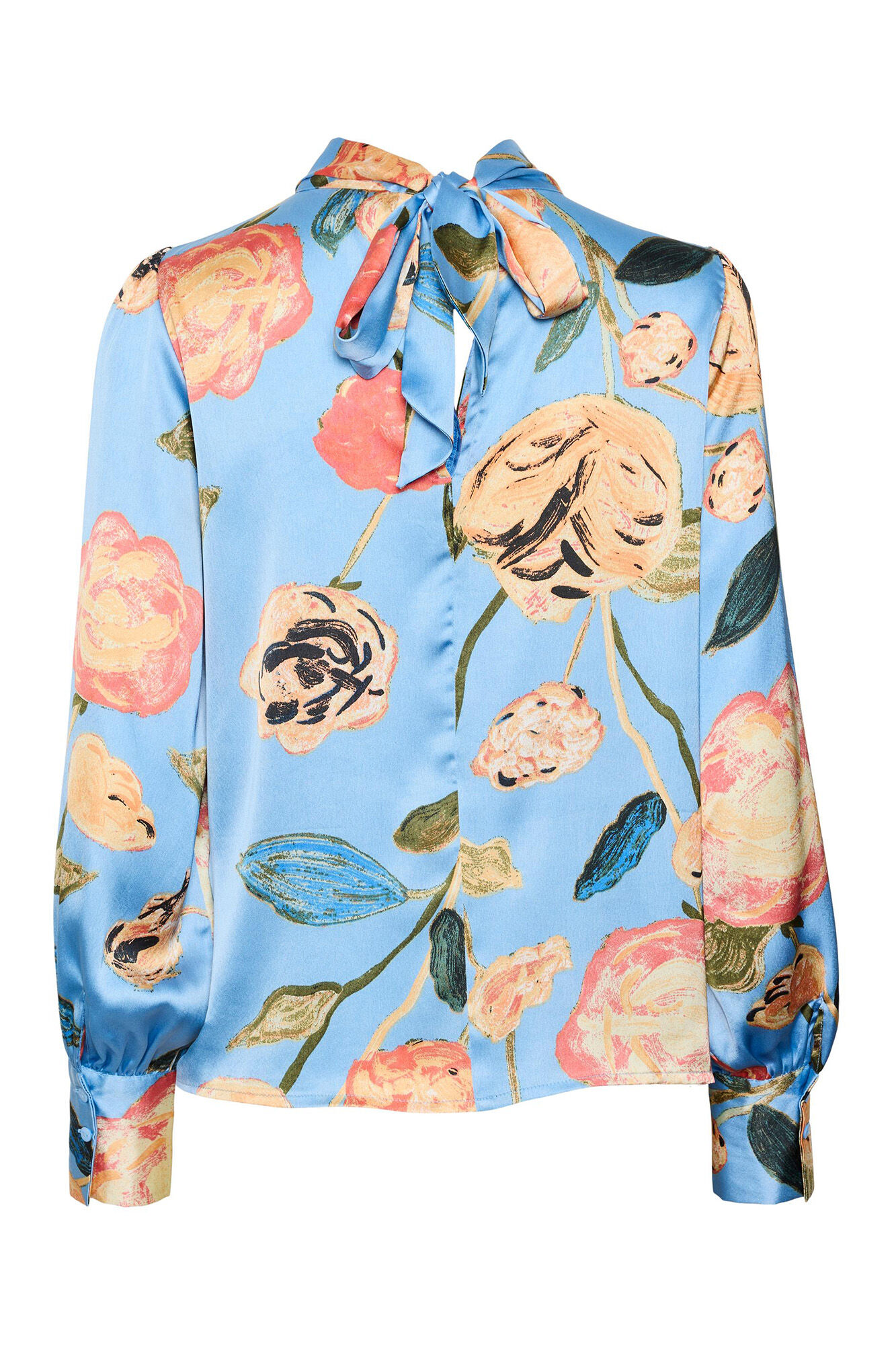 Blusa de cetim de manga comprida - Azul