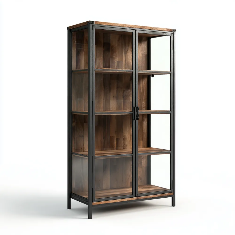 Vitrine Industriestil Stahl-Holz 180x80x40 cm – Schwarz/Braun – Moderner Look