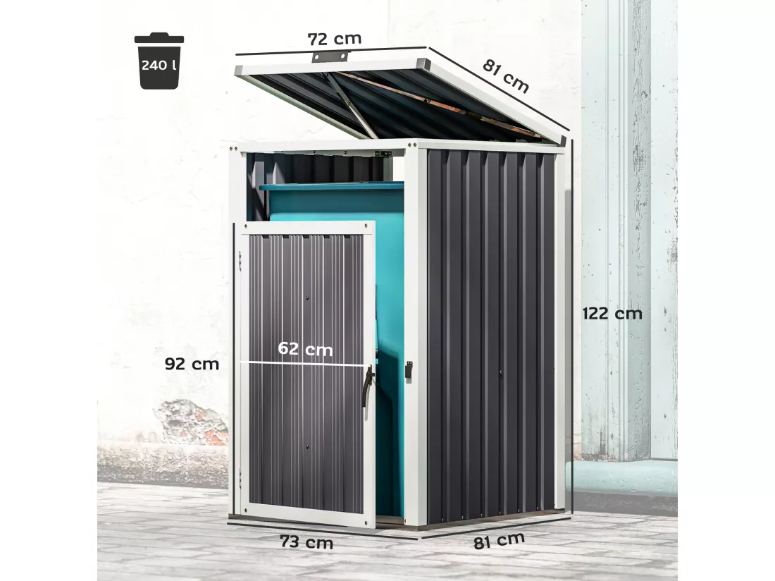 Abri poubelle - cache poubelle - 240L - porte, couvercle - tôle acier ondulé blanc gris
