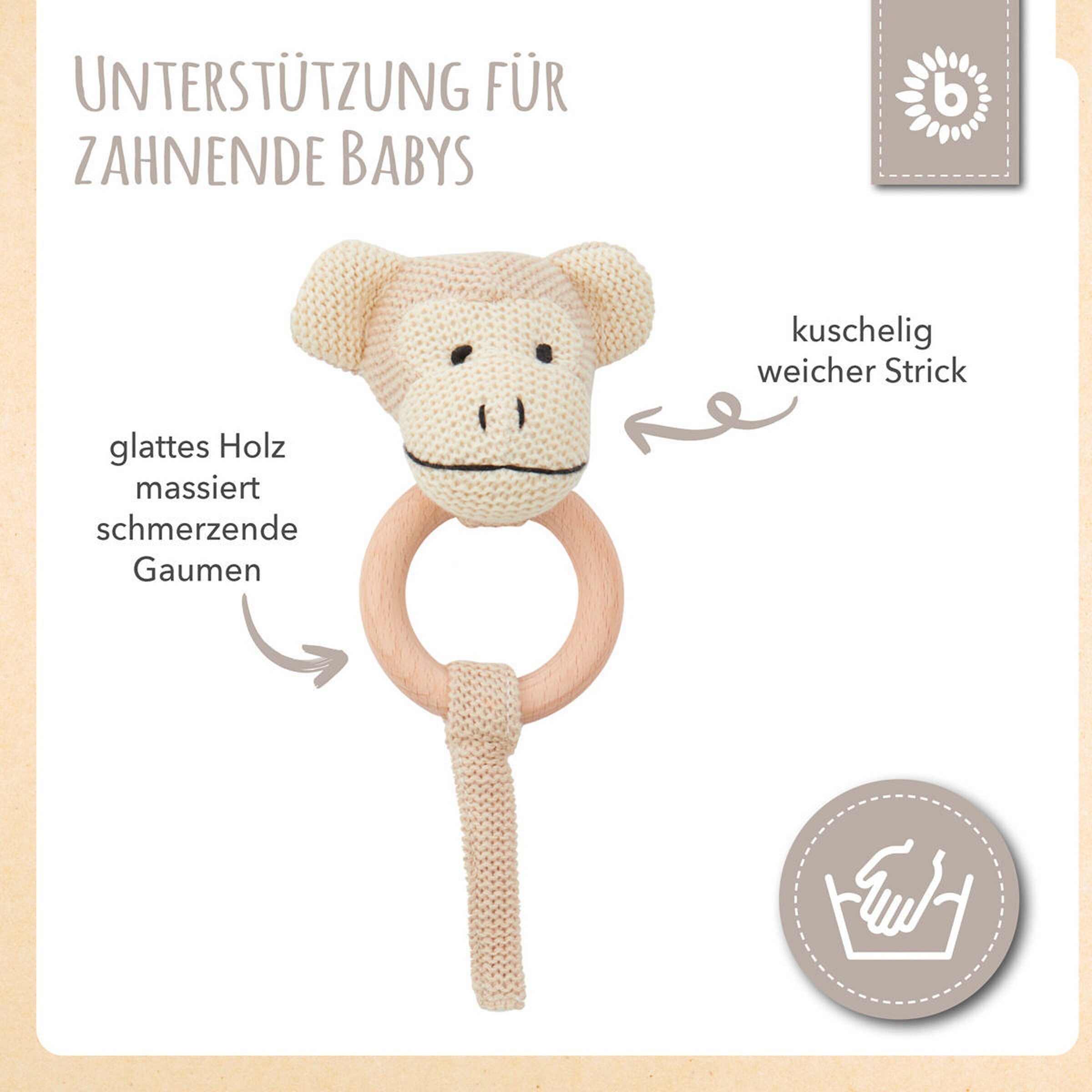 Bieco Greifling Holz Natur und Baumwolle mit Rassel Affe - ab Geburt Braun