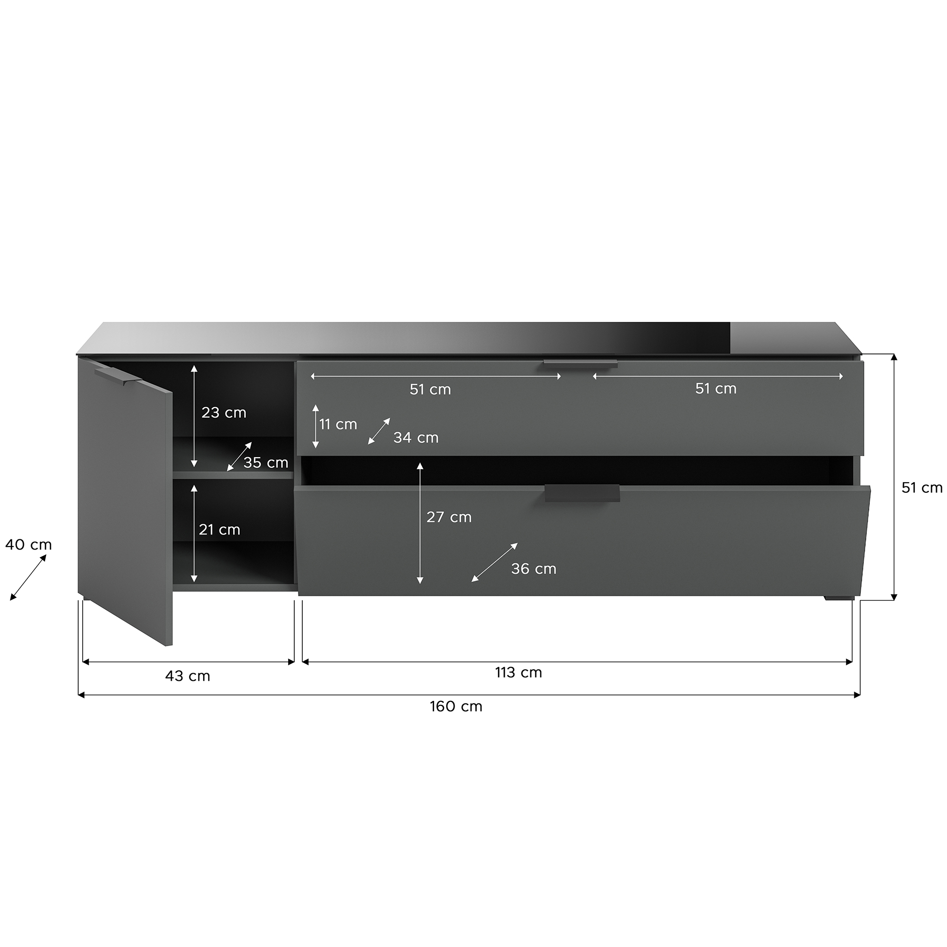 Sideboard RAY - anthrazit - Glasplatte - 160 cm