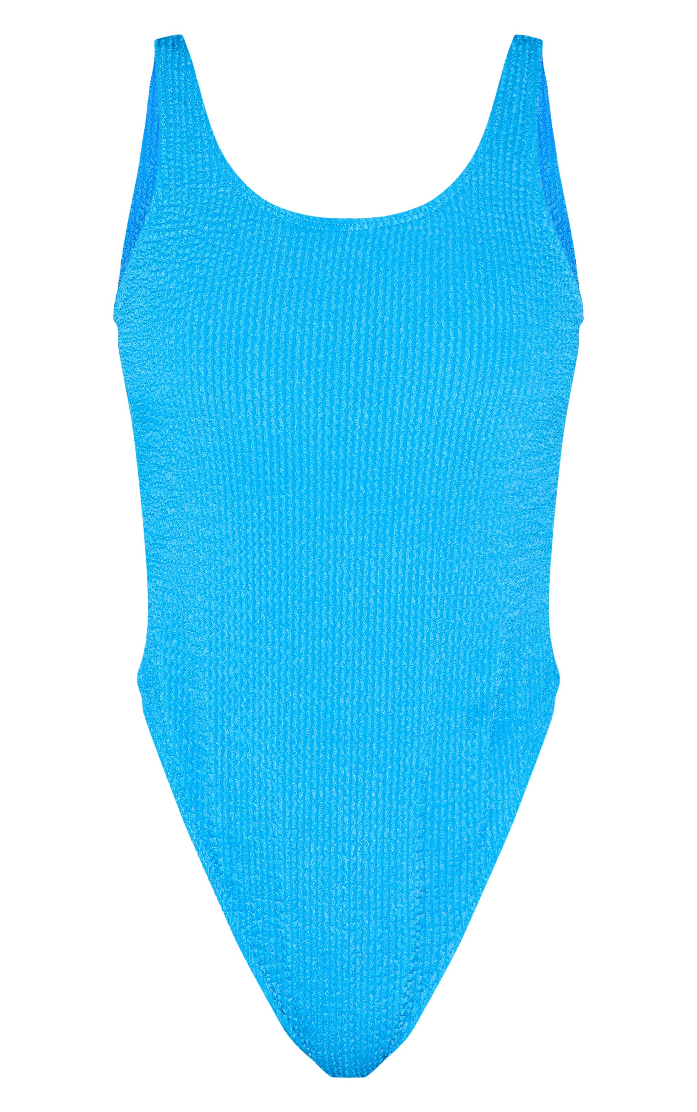 Bleu Maillot De Bain Échancré Dos Plongeant En Tissu Gaufré