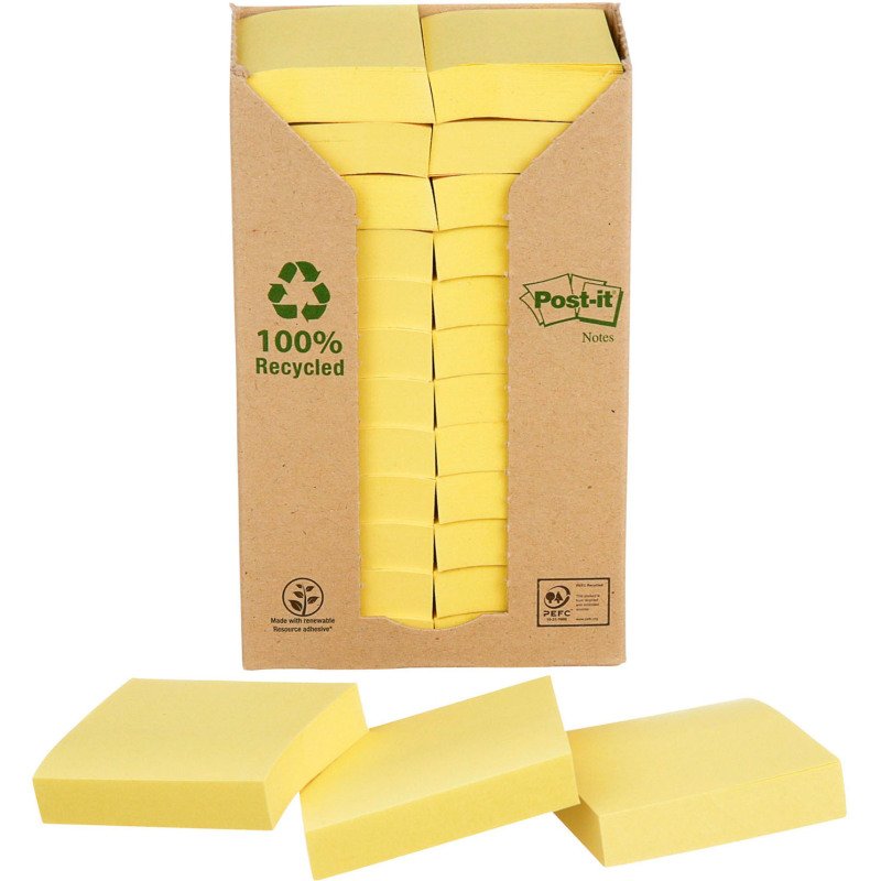 Notes repositionnables recyclées jaunes Post-it 38 x 51 mm - bloc de 100 feuilles