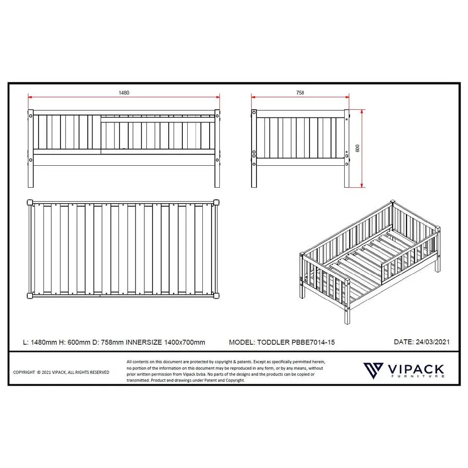 Peuterbed Petronille 70 x 140cm dennenhout - grijs
