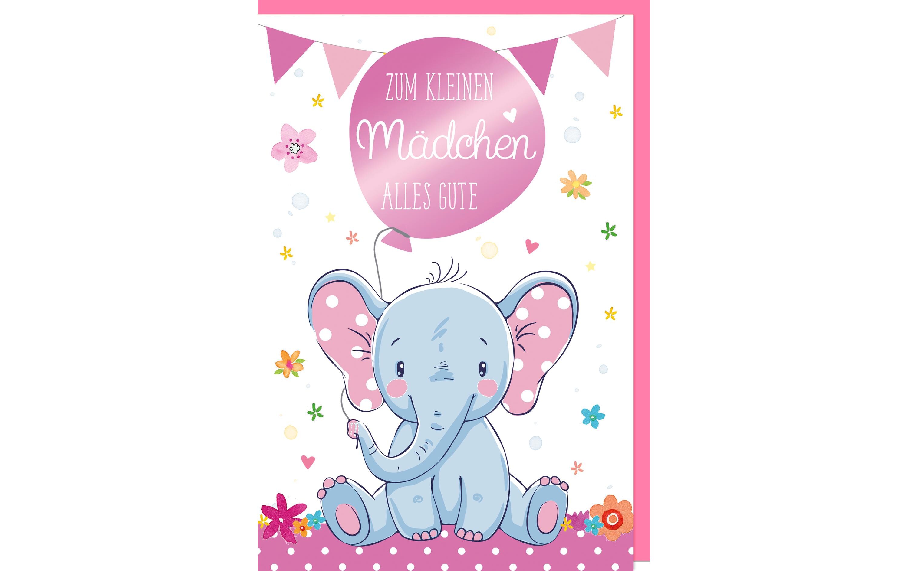 Glückwunschkarte Elefant 11.5 x 17 cm, RosaGrusskarte zur Geburt