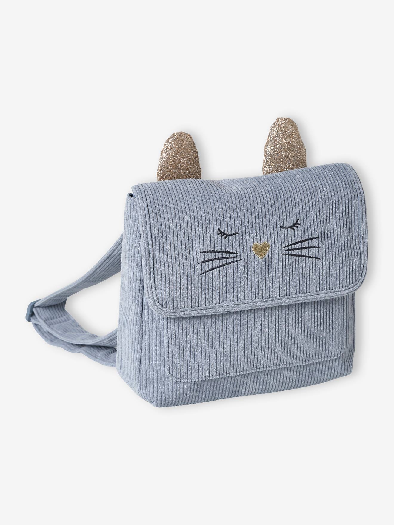 Mochila infantil de veludo cotelê azul-acinzentado para pré-escola 