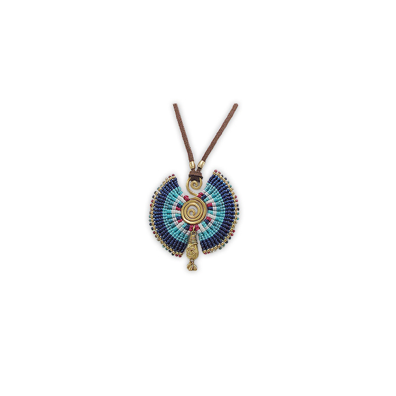 Collier Pendentif Spirale Métal Doré et Perles Bleues