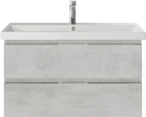 Pelipal Serie 4035 badkamermeubelset, BxHxD 90 x 200 x 43,5 cm, grijze fronten. 3-delige badkamermeubelset bestaande uit een witte keramische wastafel, badmeubel en spiegelkast met LED-verlichting.