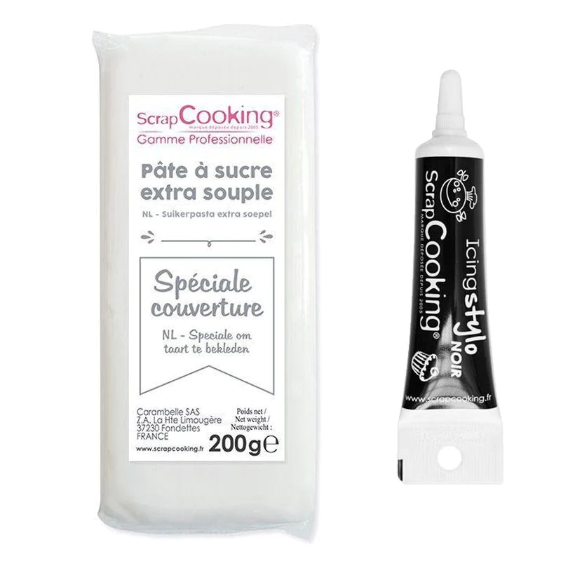 Pâte à sucre de couverture blanche 200 g + Stylo de glaçage noir Scrap