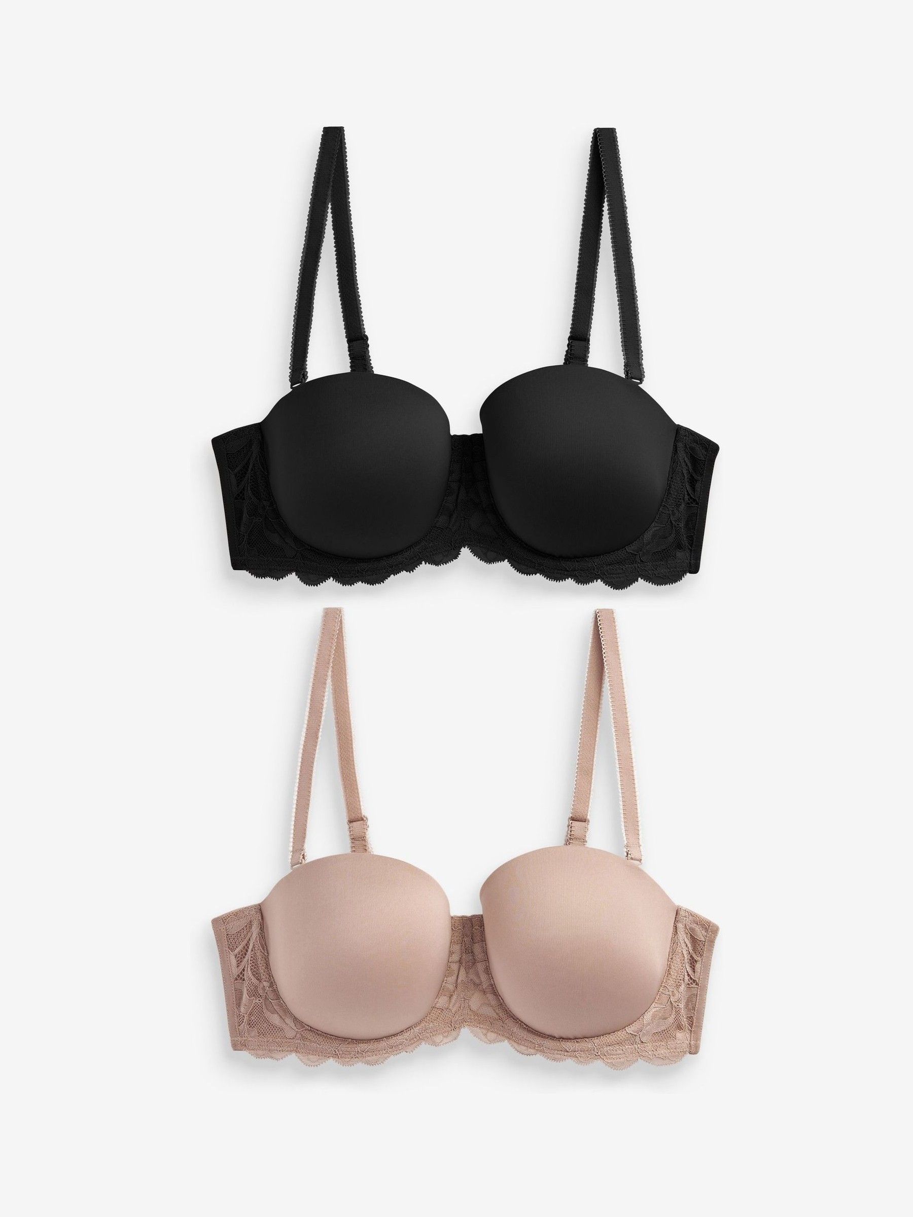 Zwart/praline huidskleur - Verpakking van 2 strapless multiway beha's met lichte vulling in cupmaten A-E