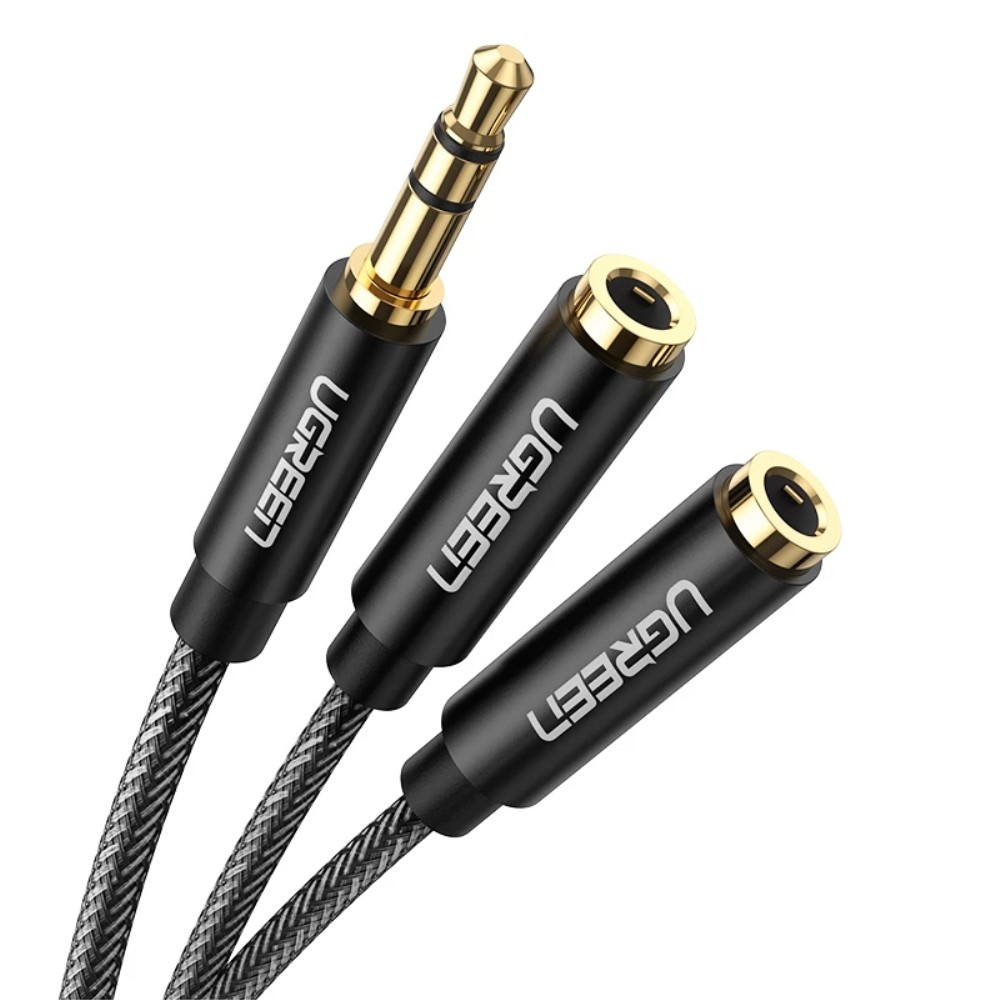 (21cm) Y-Splitter 2x 3.5mm Klinke Audio Stecker Stereo AUX Nylon Verlängerungskabel - Schwarz