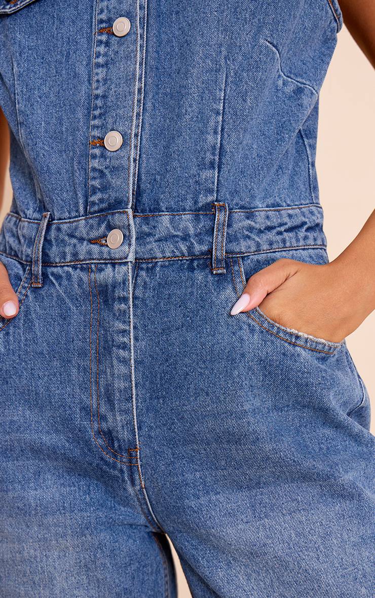 Mid Blue Wash Combinaison En Denim Écru Style Chemise Sans Manches