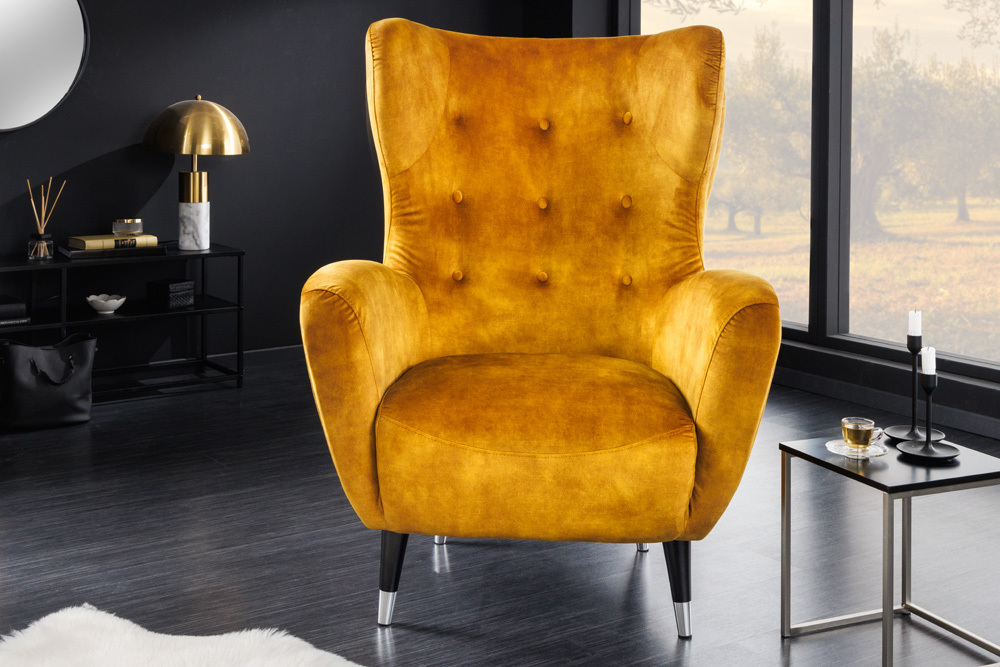 Retro Design Sessel DON senfgelb Samt Federkern silberne Fußkappen
