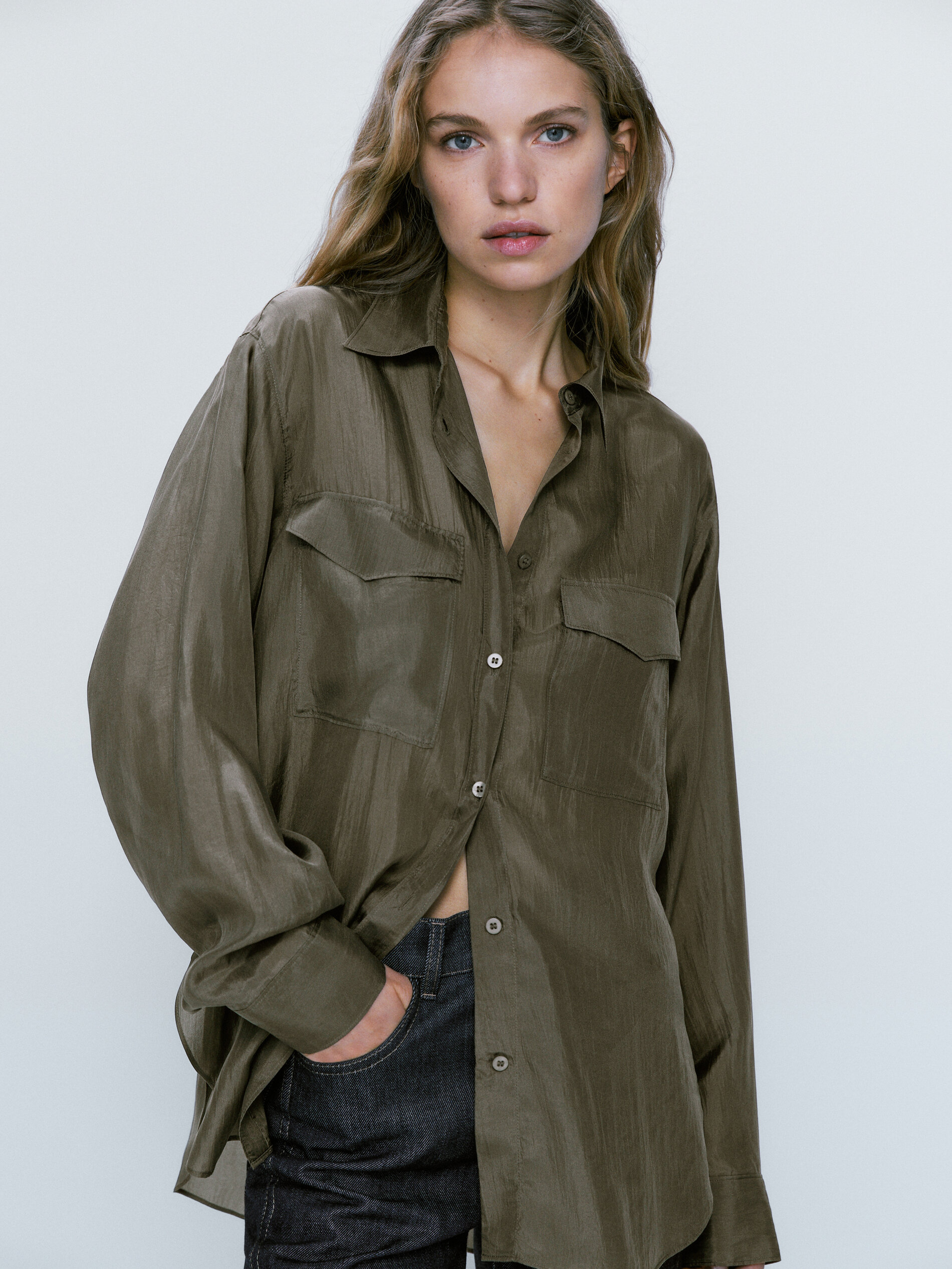 Camisa seda bolsillos - DARK KHAKI