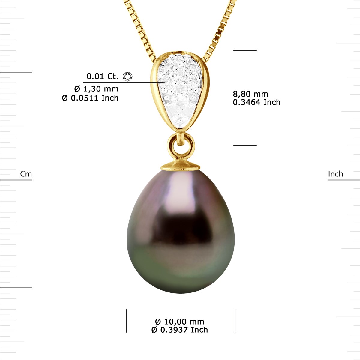 Collier Pendentif Joaillerie Diamants 0,07 Cts - Or Jaune et Véritable Perle de Culture de Tahiti Poire 10-11mm
