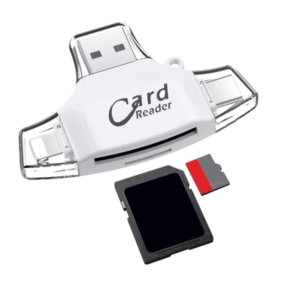 4in1 USB Mini Kartenlesegerät Card Reader Lightning / Micro USB / USB C / MicroSD & SD Karte - Weiss