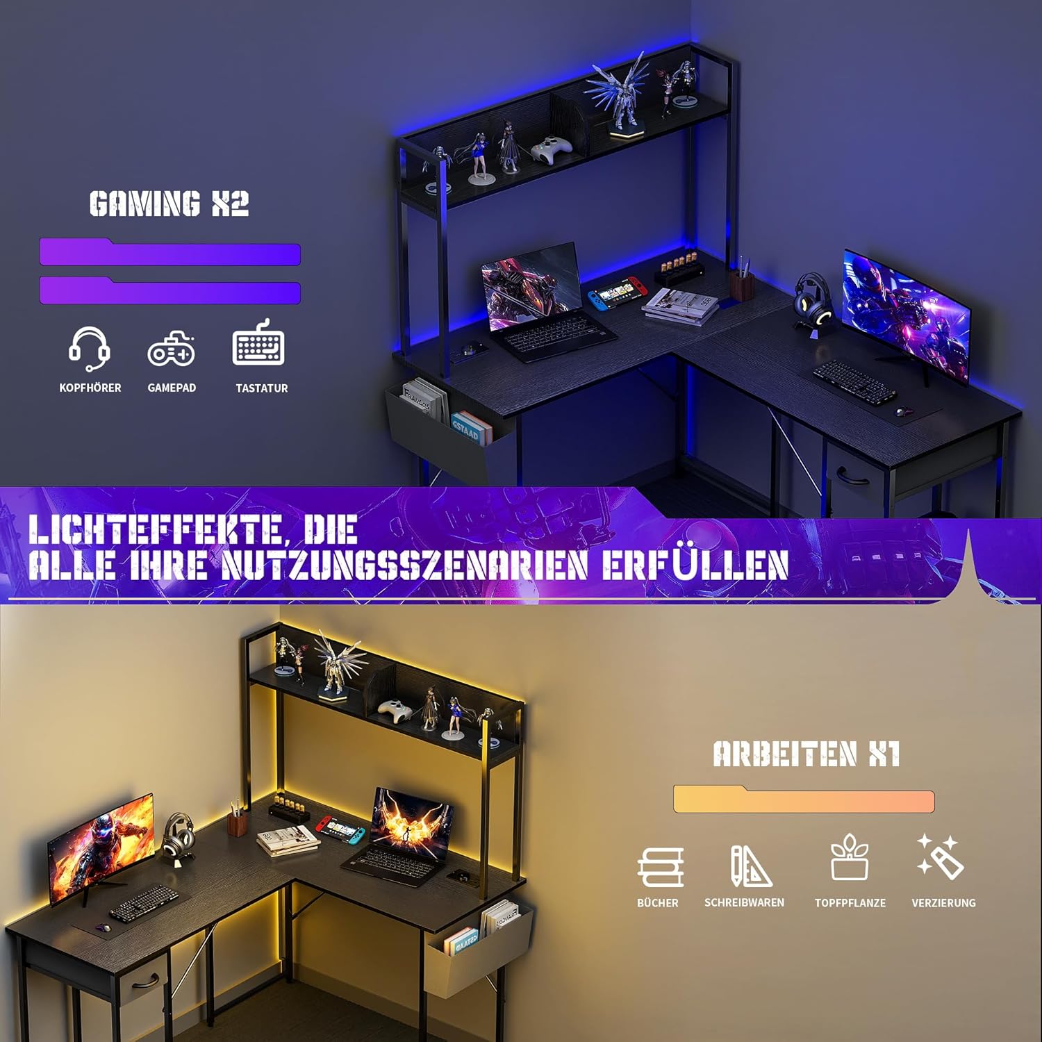 Yansee L-förmiger Schreibtisch, Gaming-Tisch Mit LED, 140×110cm Reversibel Schreibtisch L Form Mit Steckdosenleiste, Eckschreibtisch Eckschreibtisch Mit Aufsatzregal, Schwarz
