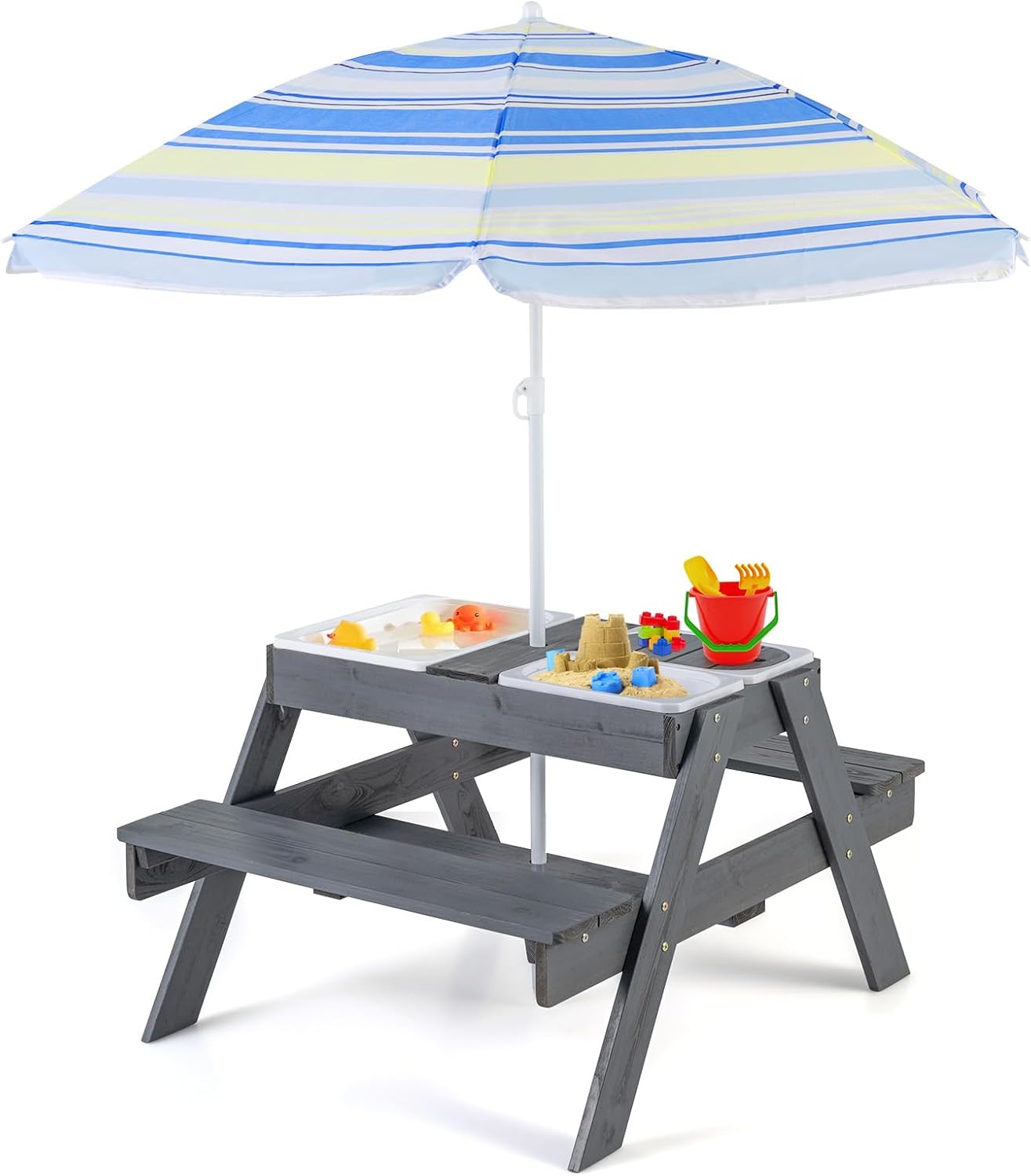 COSTWAY Kindersitzgruppe Outdoor, 2 in 1 Kindersitzgarnitur mit Sonnenschirm und 3 abnehmbaren Behältern für Sand & Wasser, Kinder Picknicktisch, Spieltisch, Gartenmöbel für Garten, Hinterhof