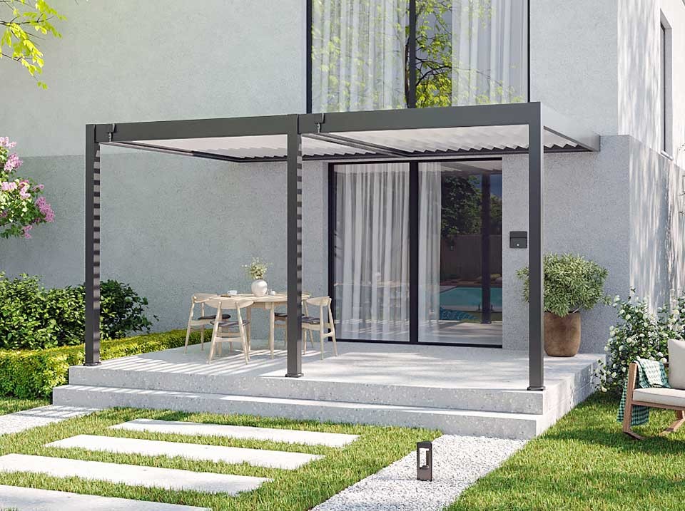 Pergola bioclimatique 3,6 x 5,3m - halo 19m² adossee - gris - aluminium - lames en acier galvanisé - lames orientables de 0 à 120°