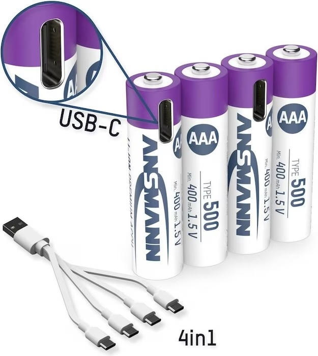 (4er Set) 500mAh Wiederaufladbarer AAA Lithium Ionen Akku USB C Batterie (1311-0028)