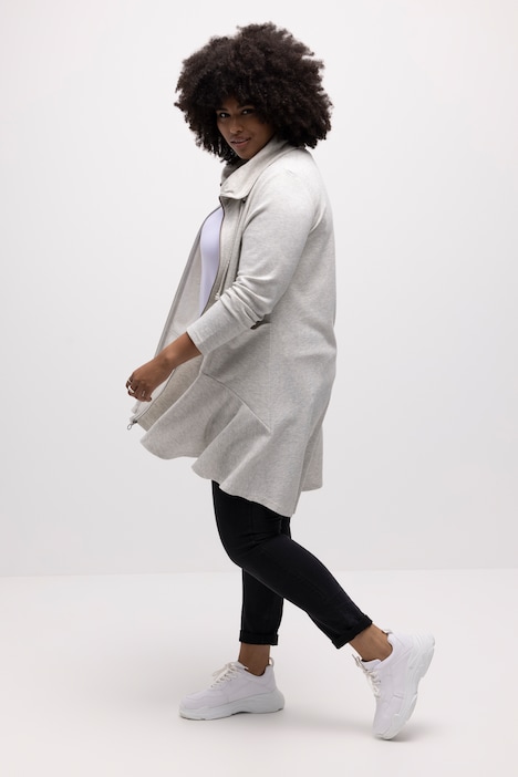 Long-Sweatjacke, Fischgrat, Volantsaum, Stehkragen