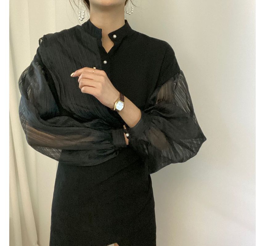 Brigitte - Blouse met lange mouwen, col, effen doorschijnend paneel en knoopjes
