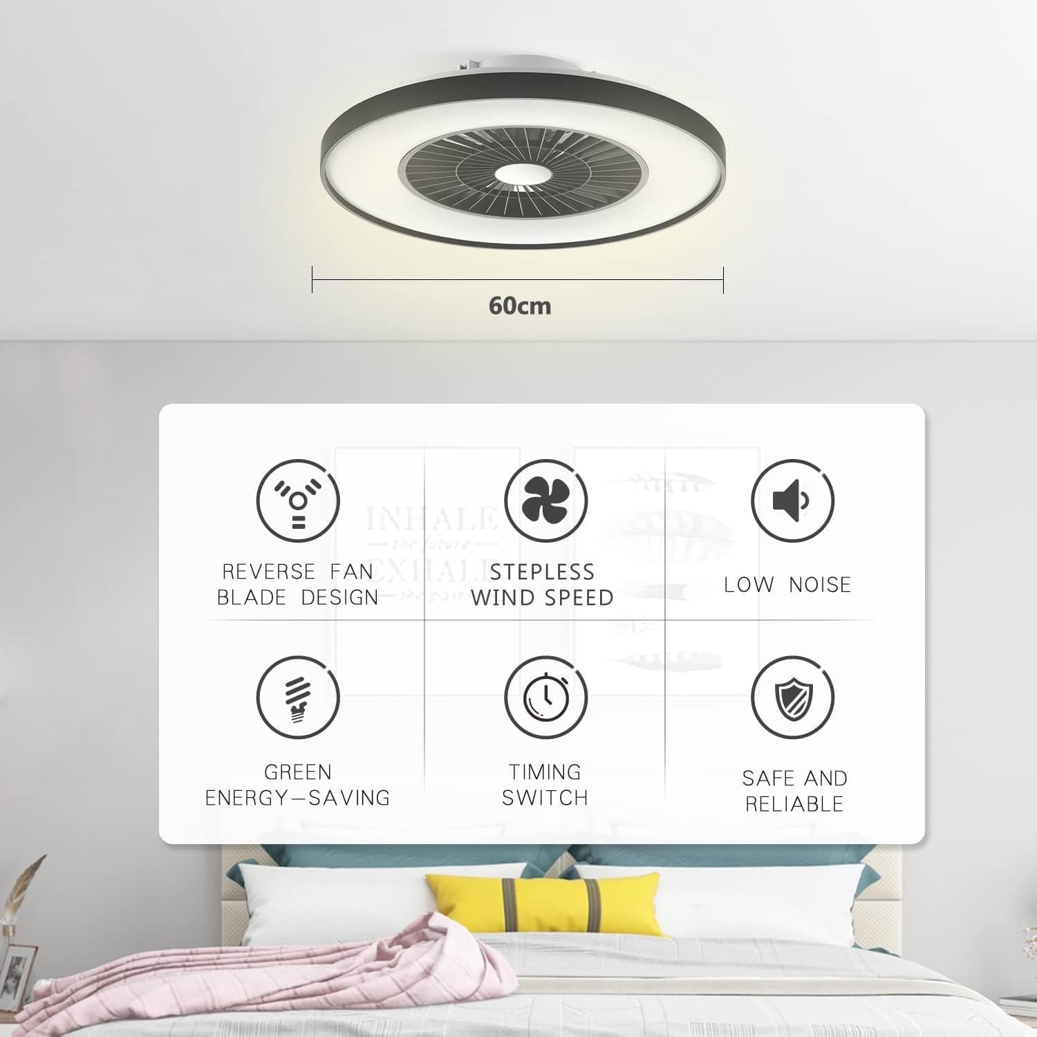 moderne RGB-LED-Deckenleuchte mit Ventilator Ø 60cm, RGB Deckenventilator mit Lampe, Stufenlos Lüftungsgeschwindigkeiten, mühelose Lichtdimmung, 3000-5500 K, Schwarz, 60CM