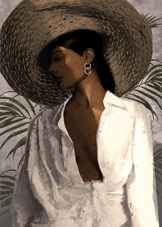 Toile femme chapeau blanc, marron, vert Dada Art l.50 x H.70 cm