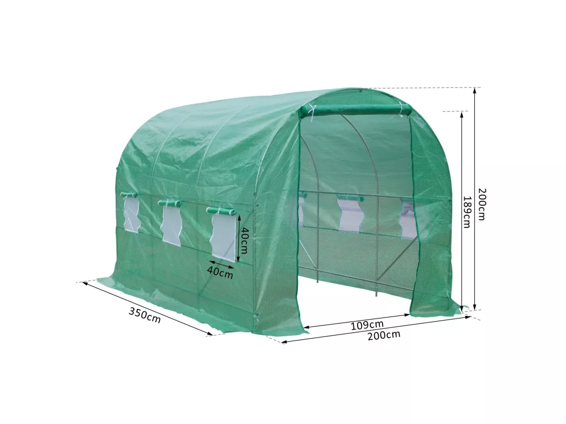 Serre de jardin tunnel 7m² 3,5L x 2l x 2H m châssis tubulaire acier galvanisé renforcé 6 fenêtres 1 portes vert