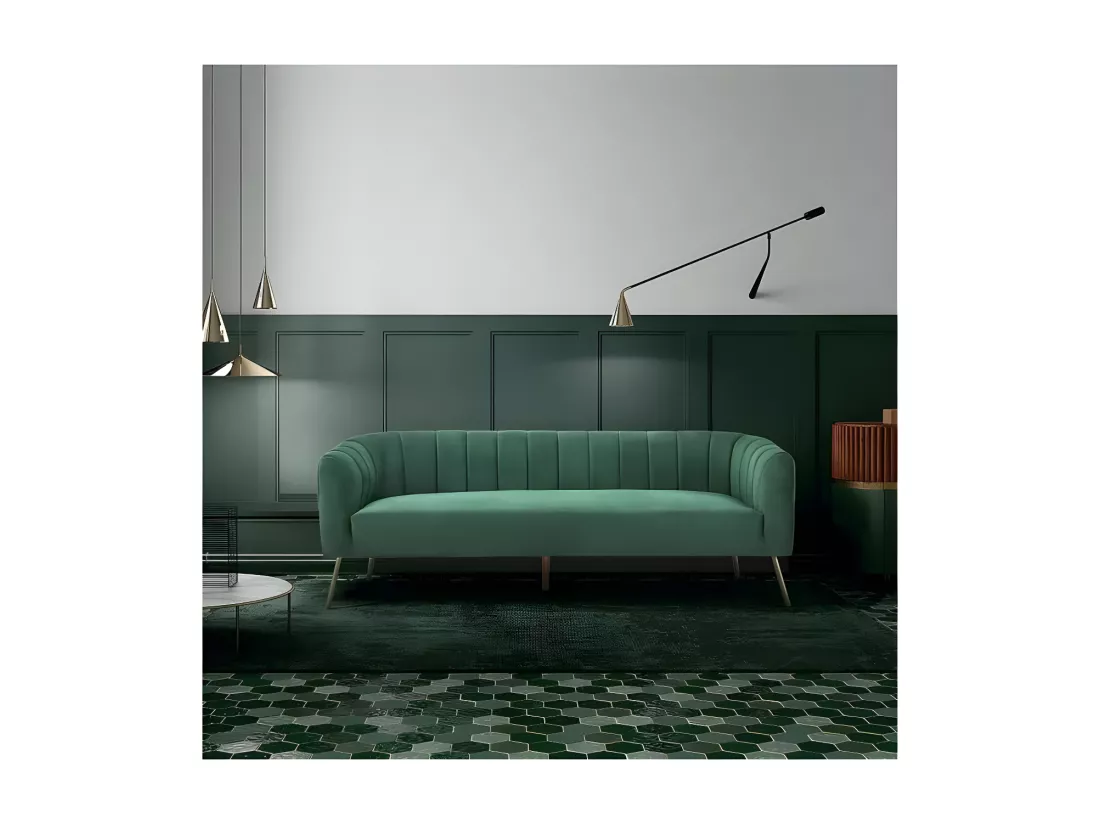 Canapé rétro - 3 places - Velours bleu vert - Style chic - L 207 x P 87 x H 77 cm - MATHIS - Structure bois massif
