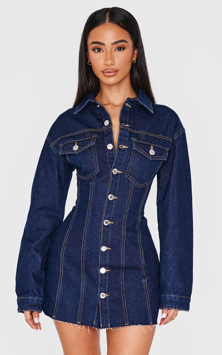 Bleu Indigo Robe Mini Ajustée En Denim À Manches Longues Petite Taille