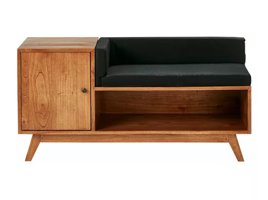 Banc en mindi massif avec coussins noirs
