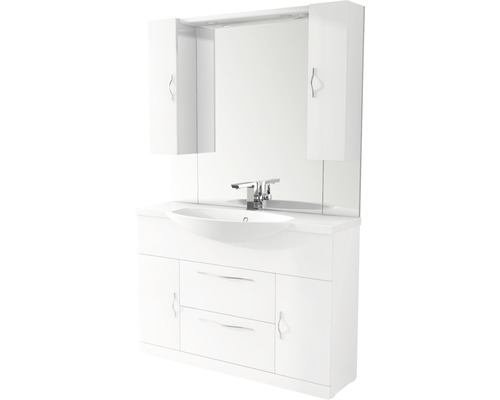 Badkamermeubelset Baden Haus Bahia BxHxD 121 x 190 x 50 cm, fronten in hoogglans wit, met witte mineraalstenen wastafel en badmeubel met 2 deuren en 2 laden, laden met soft-close functie, spiegel en lichte volant.