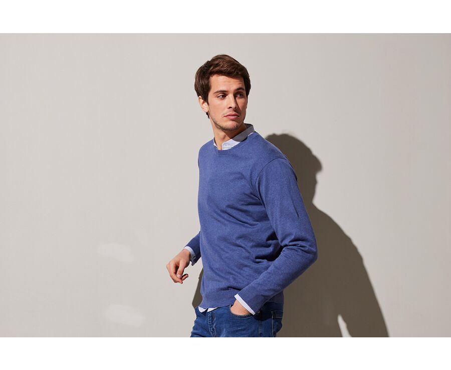 Pull fin homme coton/cachemire col rond Bleu foncé chiné - VLADIMIR
