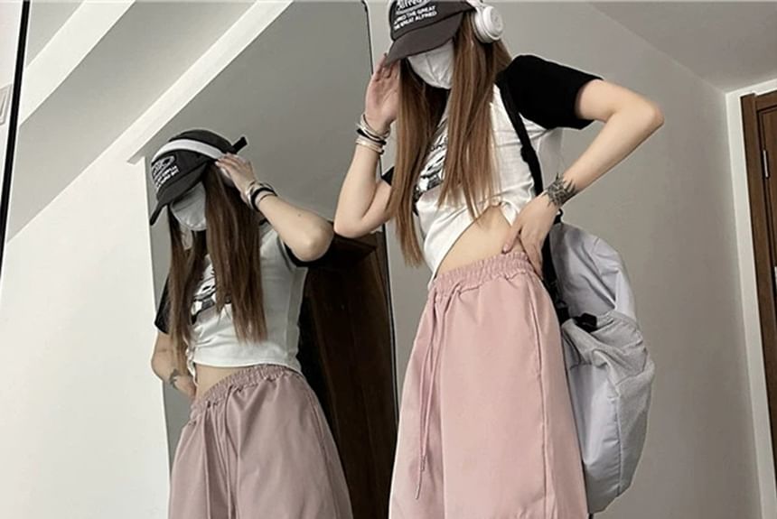 Mushini - Mid Rise Plain Drawstring Cargo Baggy Pants