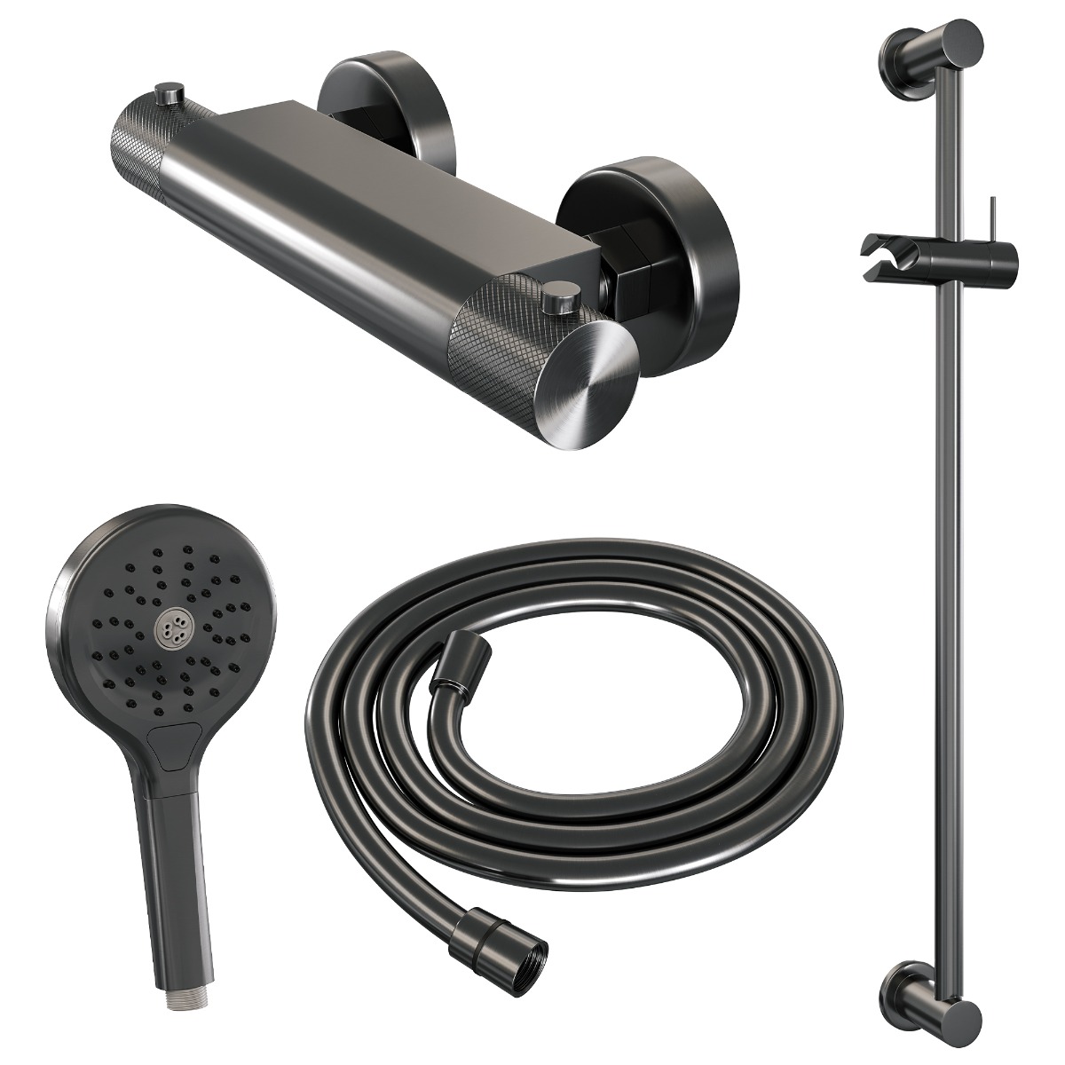Brauer Gunmetal Carving thermostatische douchekraan met glijstang en 3 standen handdouche gunmetal geborsteld PVD