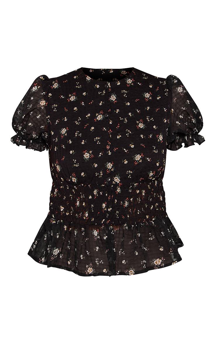 Noir Haut En Mousseline À Imprimé Floral Avec Manches Bouffantes