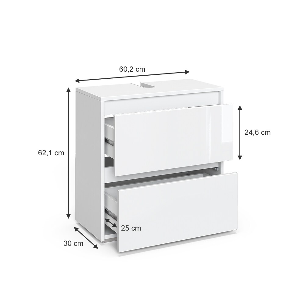 Vicco Waschtischunterschrank Waschbeckenunterschrank Majest Weiß Hochglanz modern 60x62 cm Badezimmer Schrank Badschrank Badkommode Badmöbel 2 Schubladen