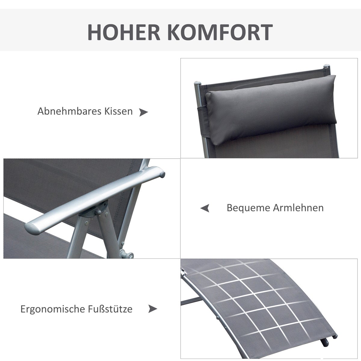 Outsunny ligstoel, strandligstoel, opvouwbaar, verstelbaar, met kussen, 137 x 63,5 x 100,5 cm, metaal, stof, grijs