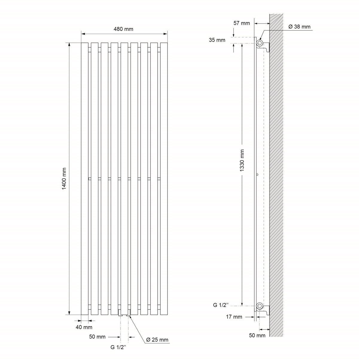 ECD Germany Verticale Paneelradiator 480 x 1400 mm Wit met Zijaansluiting, Design Vlakke Radiator Enkellaags Badkamerradiator Vlakke Radiator Designradiator Enkelrijige Verwarming Badkamer/Woonkamer