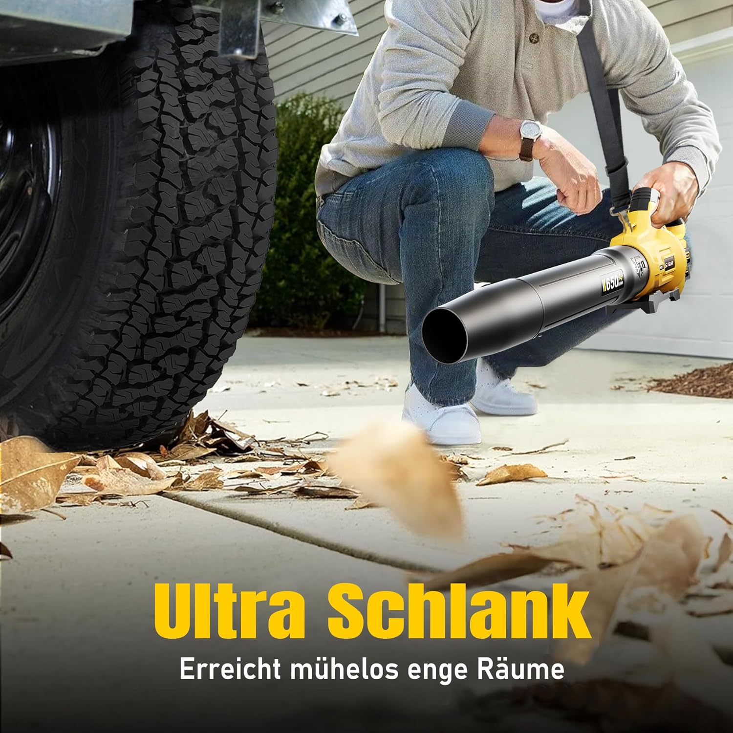 GEVEELIFE Akku-Laubbläser, 18V 257 km/h Elektrischer Laubbläser mit 3-Gang & 2x5,2Ah Akkus –Kabellos laubbläser für für Garten, Laub,Staub & Schnee (Inklusive Batterie), Gelb