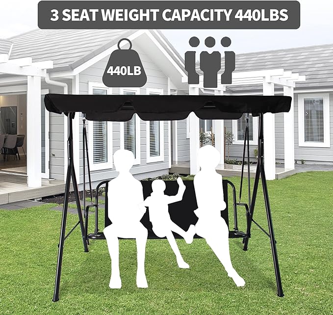 3-Seat Patio Swing Chair,Outdoor Porch Swing with Adjustable Canopy and Durable Steel Frame for Patio, Garden, Poolside (Black)