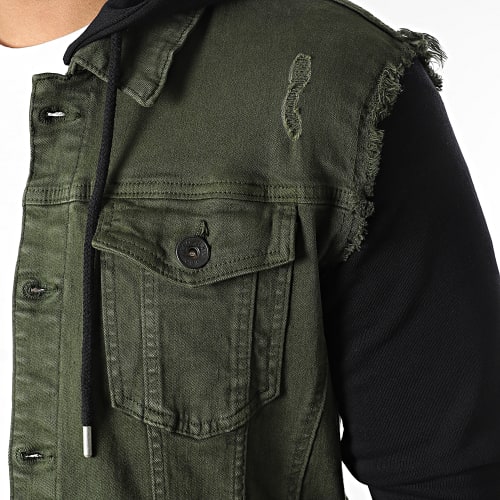 Veste Jean A Capuche 2052 Noir Denim Vert Kaki