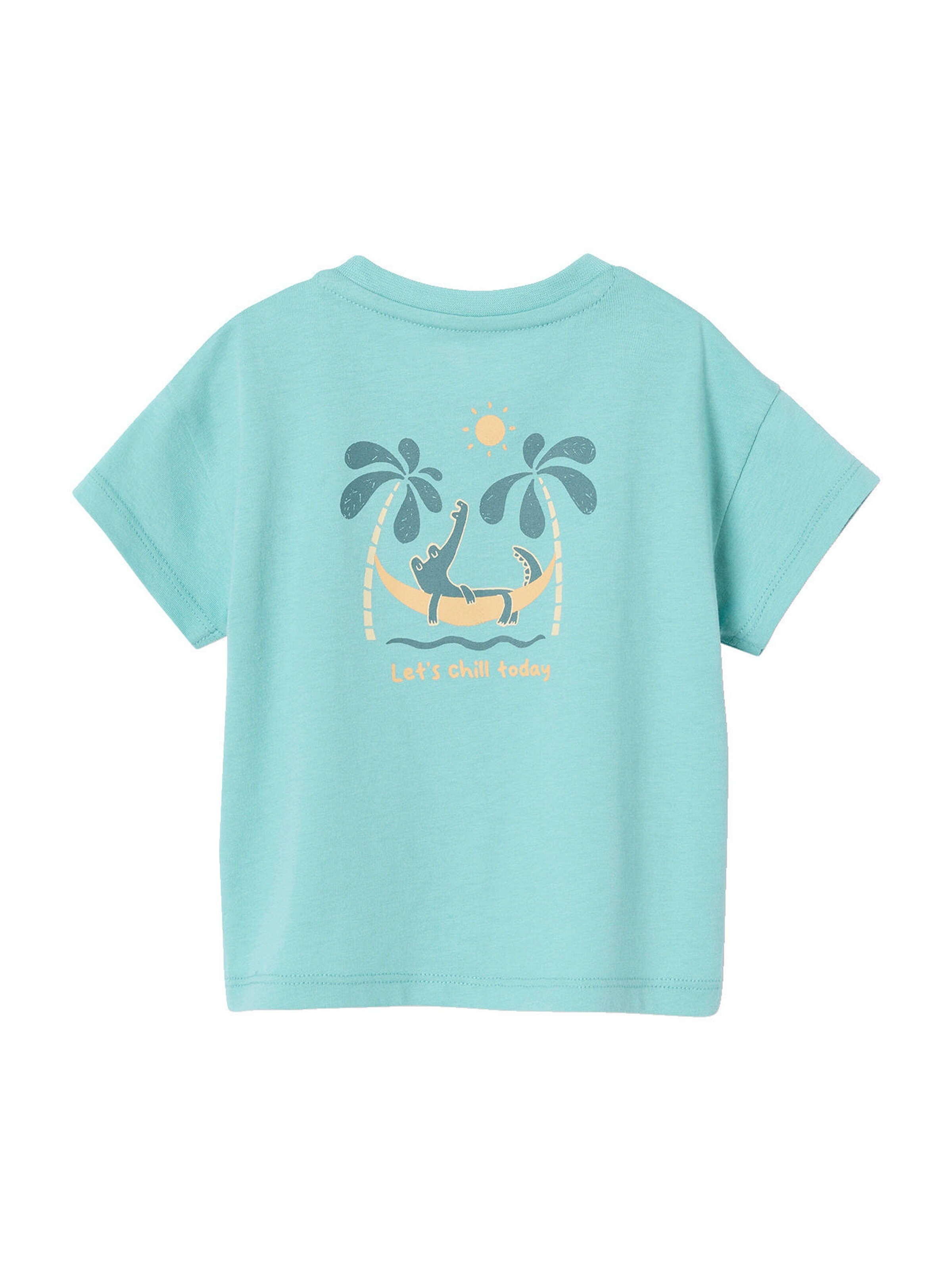 Vertbaudet Bio-Kollektion: Baby T-Shirt mit Print hinten und Verschluss an der Schulter türkis