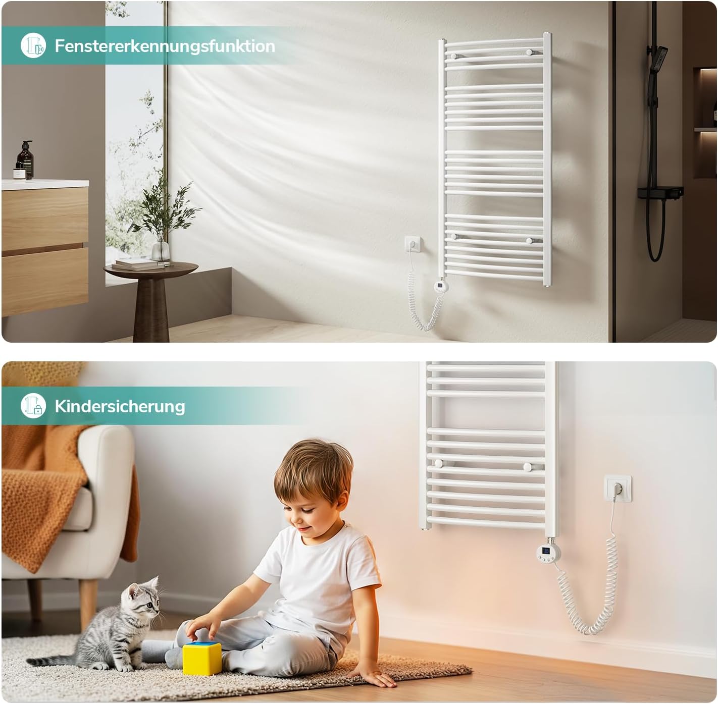 EMKE Handtuchheizkörper Elektrisch mit Thermostat 1400 x 500 mm, WiFi Intelligenter Gebogen Badheizkörper Elektrischer Handtuchwärmer Handtuchhalter mit Heizstab Weiß 600 Watt