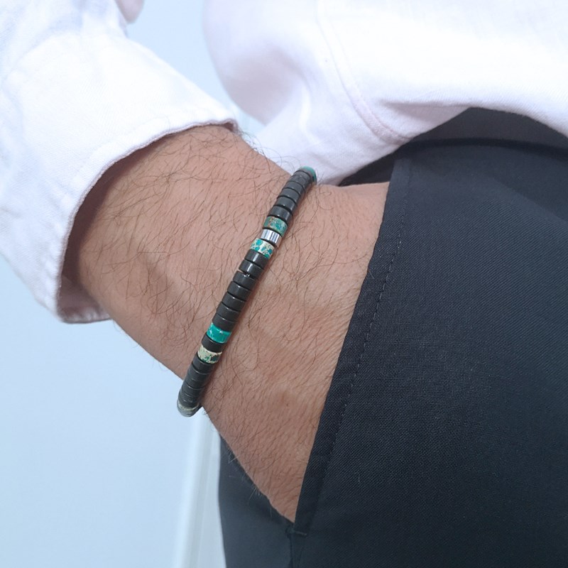 Bracelet Perles Heishi Agate Noire Et Jaspe Vert Impérial-XS-14cm
