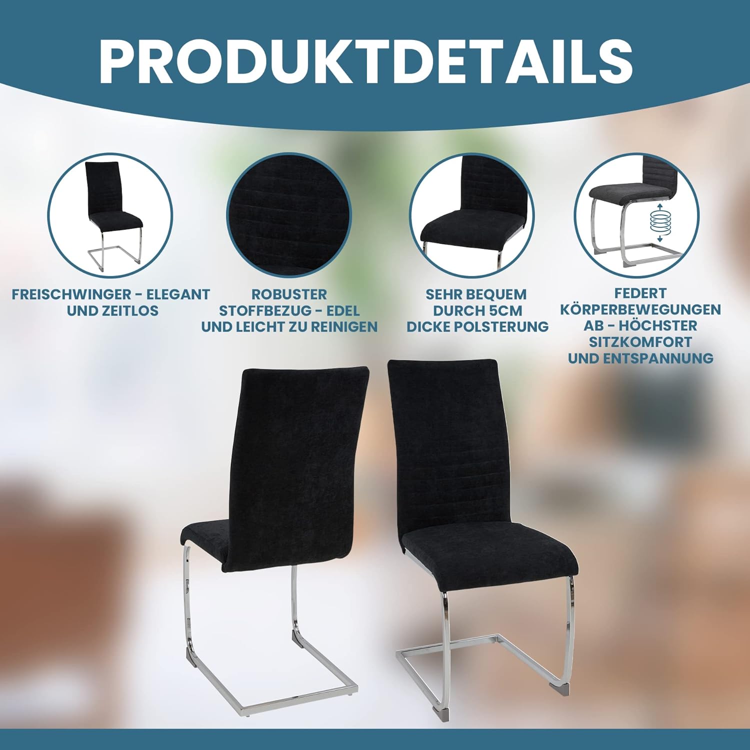 ALBATROS Freischwinger Stuhl Lugano 4er Set, Schwarz - Esszimmerstuhl Schwingstuhl mit Modernem Design, Stoff-Bezug, Dicke Polsterung - Küchenstuhl, Polster-Stuhl Esszimmer, Esstisch Stuhl
