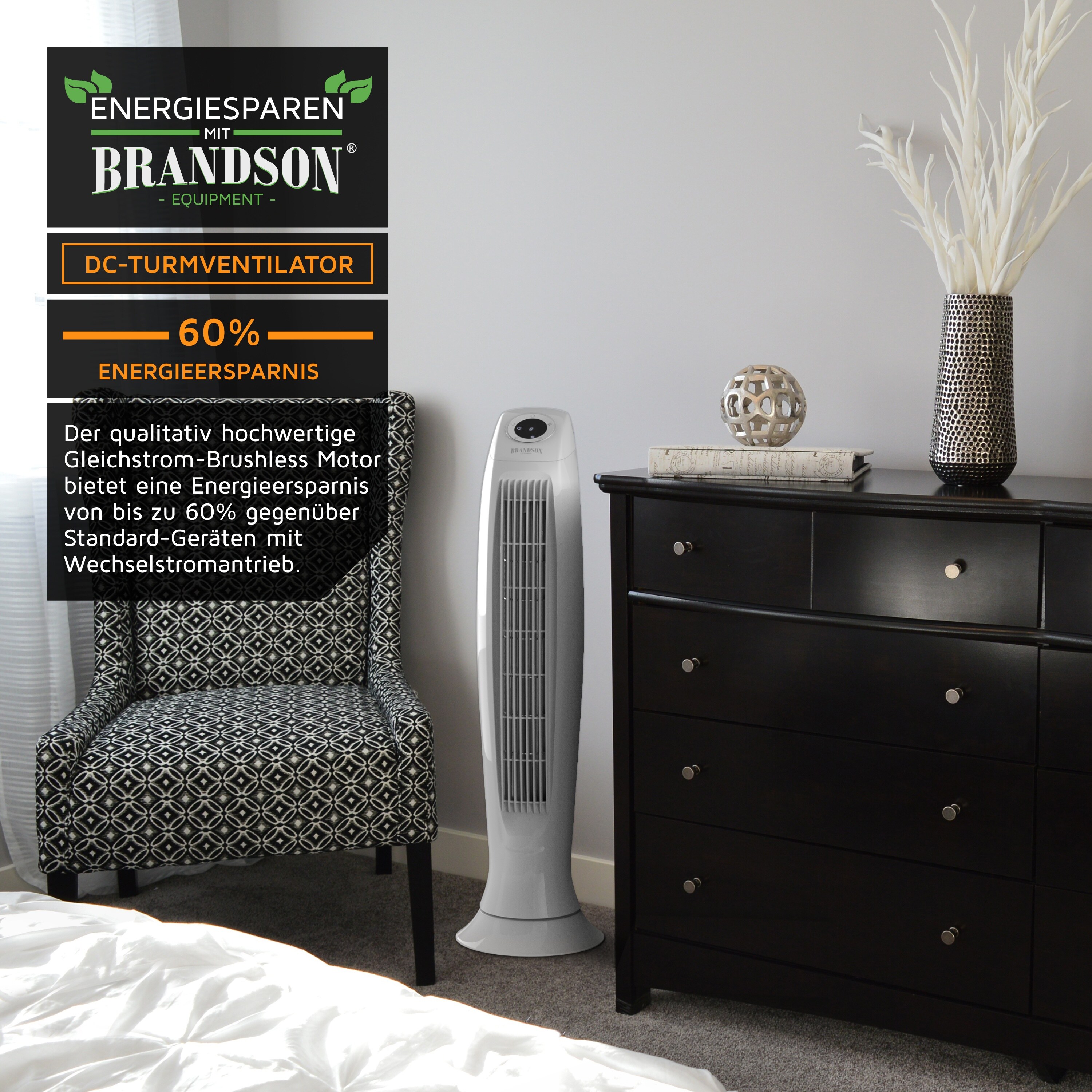 Brandson Turmventilator DC mit 9 Geschwindigkeitsstufen, Standventilor leise mit Fernbedienung, Säulenventilator mit Oszillation, Ventilator