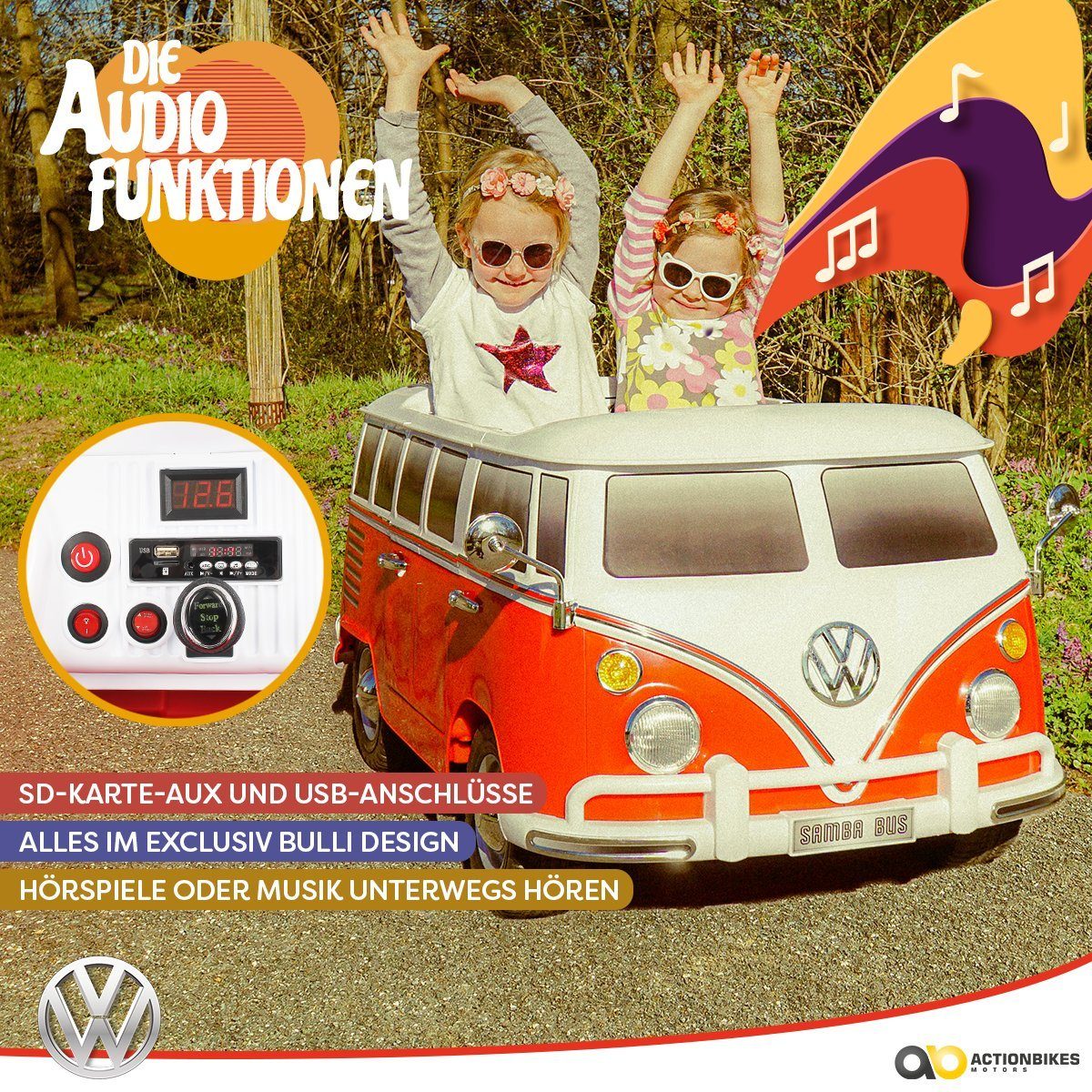 Carrinho elétrico infantil Actionbikes Motors, modelo VW Bus Bulli T1, capacidade de carga de 40 kg (2 unidades), pneus de borracha maciça EVA - VW Bulli - a partir de 3 anos.